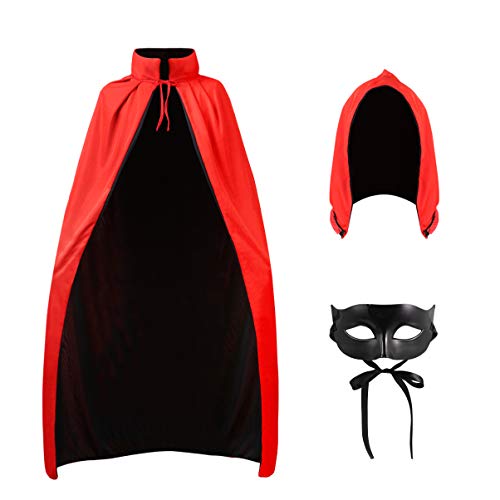 CLISPEED Stehkragen Umhang mit Kapuze und Halbmaske Set Unisex Erwachsene Halloween Umhang Zauberer Kostüm Zubehör Requisiten Schwarz und Rot von CLISPEED