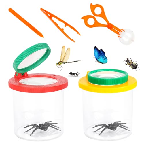 CLIUNT Becherlupe Lupenbecher Set, 2 Stück Insekten Viewer, Lupendose mit Pinzette, Insekten Beobachtungsbox mit Pinzetten, Ahlen für Outdoor Wissenschaft Natur Erkundung (Rot, Gelb) von CLIUNT