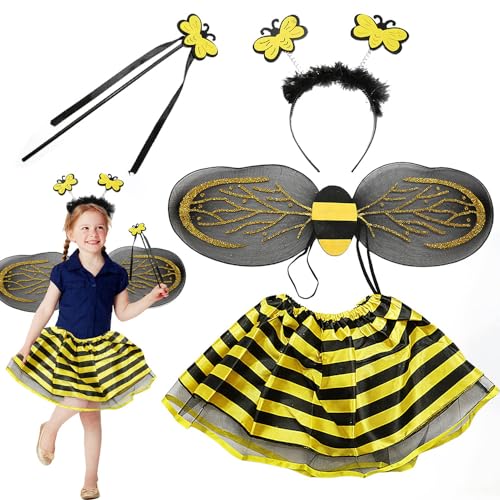 CLIUNT Bienenkostüm Kinder,Bienen Kostüme für Mädchen,Hummel Bienen Kostüm,Cosplay Kostüm mit Flügeln Haarreif Zauberstab,für Karneval Party Cosplay Maskerade von CLIUNT