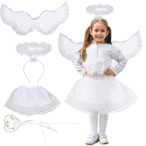 CLIUNT Engel kostüm kinder, Engels Flügel Kostüm, mit Heiligenschein und Zauberstab, 80cm Engelsflügel Weiß für Karneval Halloween Cosplay Fasching Verkleidung von CLIUNT