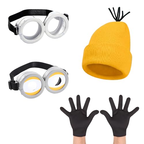 CLIUNT Halloween-Kostüm-Zubehör für Erwachsene, 2 Brillen, gelbe Beanie, Handschuhe, für Männer und Frauen, Cosplay-Party-Set, 4 Stück von CLIUNT