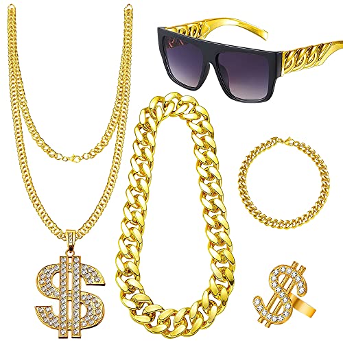 CLIUNT Hip Hop Kostüm Set, 5 Stück Hip Hop Kostüm Kit, mit Dollar Kette, Dollarzeichen Ring, Rockstar Brille, 80er/90er Rapper-Accessoires, für Männer und Frauen von CLIUNT