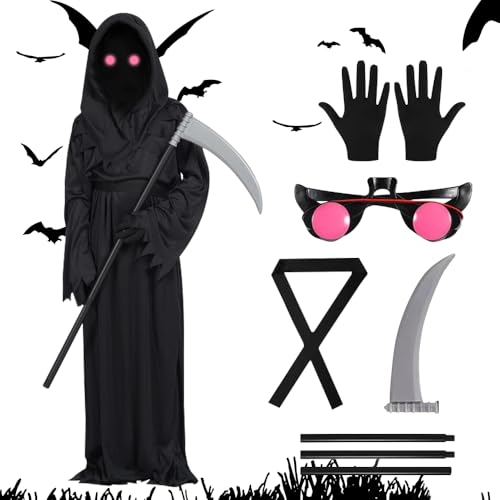 CLIUNT Kinder Sensenmann Kostüm, Sensenmann Halloween Kostüm, Halloween Sensenmann Cosplay Set, mit Sicheln, Handschuhe, leuchtende Gläser, für Cosplay, Halloween Dekoration, Karneval Mottoparty, M von CLIUNT