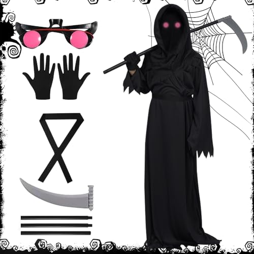 CLIUNT Kinder Sensenmann Kostüm, Sensenmann Halloween Kostüm, Halloween Sensenmann Cosplay Set, mit Sicheln, Handschuhe, leuchtende Gläser, für Cosplay, Halloween Dekoration, Karneval Mottoparty, XL von CLIUNT