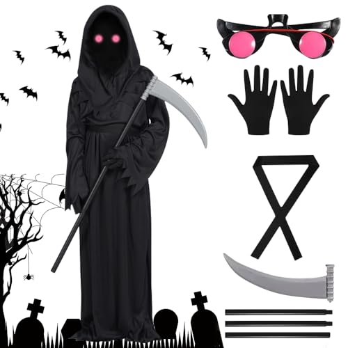 CLIUNT Kinder Sensenmann Kostüm, Sensenmann Halloween Kostüm, Halloween Sensenmann Cosplay Set, mit Sicheln, Handschuhe, leuchtende Gläser, für Cosplay, Halloween Dekoration, Karneval Mottoparty, L von CLIUNT