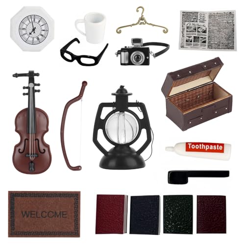 CLIUNT Miniatur Puppenhaus Zubehör, 16pcs Miniatur Vintage Deko Set, Miniatur Zubehör, 1:12 Simulation Koffer Gitarre Kamera Modell Bücher Zahnbürste Zahnpasta Zahnbecher Brille Zeitung Aufhänger von CLIUNT