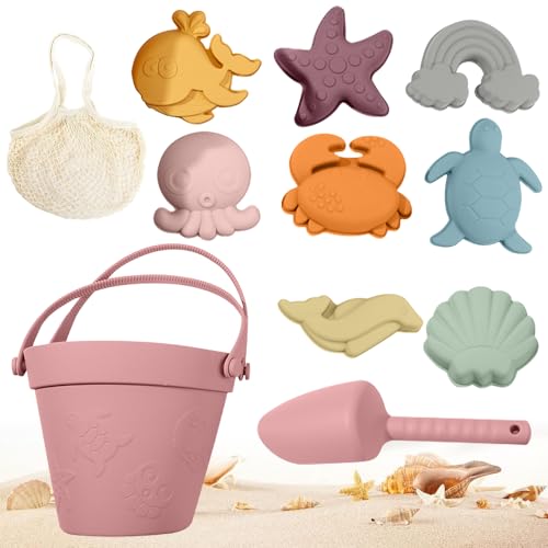 CLIUNT Sandspielzeug Set aus Silikon, 10 Stück Silikon Strandspielzeug Set, Strandspielzeug für Kinder, mit Eimer, Schaufeln und 8 Sandformen(Meereskreaturen), für Jungen und Mädchen von CLIUNT