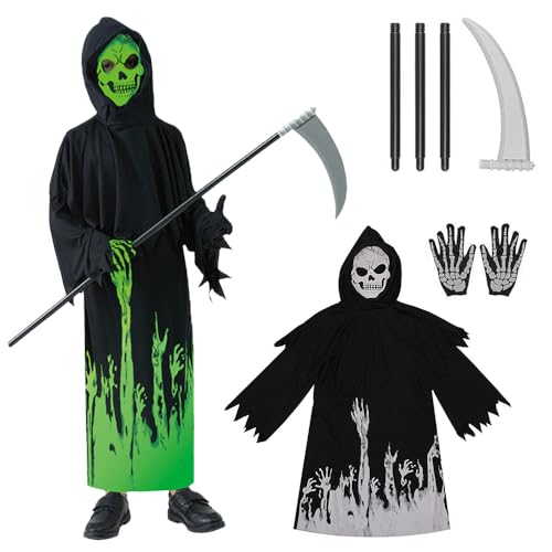 CLIUNT Sensenmann Kostüm Kinder, Halloween Kostüm Sensenmann, Leuchtende Sensenmann Kostüm, mit Handschuhe, Sense, für Rollenspiele, Karneval, Horror Party (L, 125-135cm) von CLIUNT