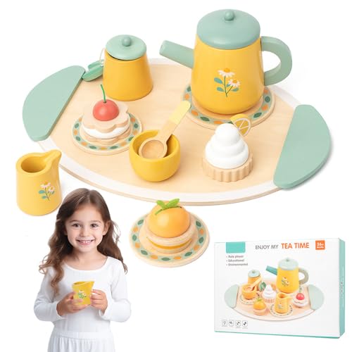 CLIUNT Teeservice Kinderküche Zubehör, Teeservice Kinder Holz, Teeparty Spielküche Rollenspiele, Tee Set Holzspielzeug, Geschenk für Kinder Mädchen Jungen ab 3 Jahren von CLIUNT