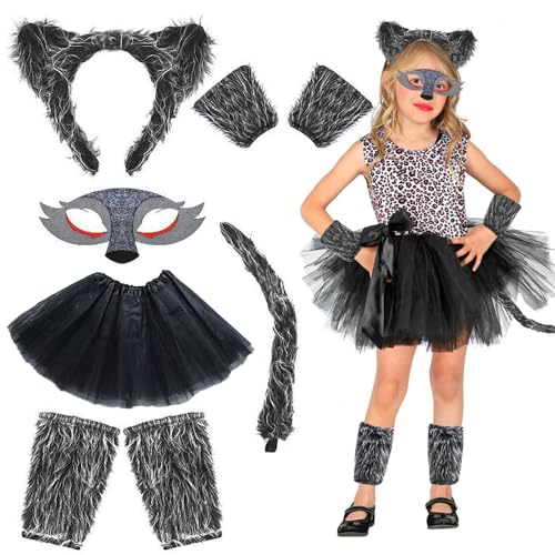 CLIUNT Werwolf Kostüm Kinder, Werwolf Kostüm Set, Wolf Ohren und Schwanz Set, mit Werwölfe Ohren, Schwanz, Wolf Maske, Pfoten,Tüllrock, für Mädchen Karneval Tiere Cosplay Faschingskostüme von CLIUNT