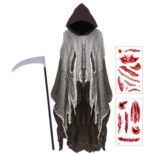 Halloween Lose Mesh Umhang mit Kapuze Teufel Dämon Zauberer Kostüm Kapuzenumhang mit Sichel und Tattoo-Aufklebern Mittelalter Renaissance Priester Cosplay Robe Ritter Fancy Cool Outfit Party Prop von CLNXIASN