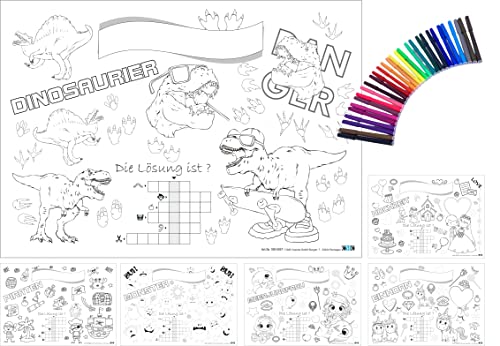 CMC imports 6 x Tischset + 30 Filzstifte zum Ausmalen Kindergeburtstag Gastgeschenk Mitgebsel Beschäftigung für Mädchen und Jungen vers. Motive (Dino) von CMC imports