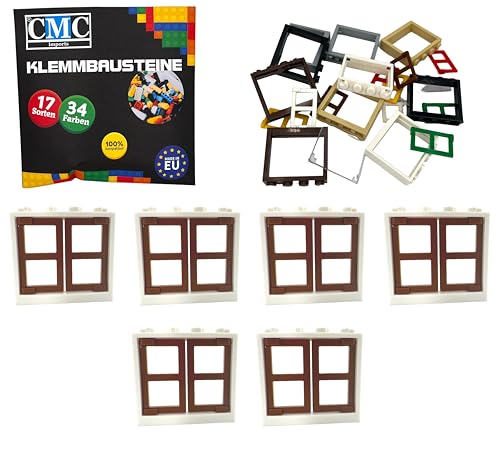 CMC imports Klemmbausteine 6 Fenster + Fensterrahmen 1x4x3 Noppen City Gebäude Stadt 60594 (Weiß - Braun) von CMC imports