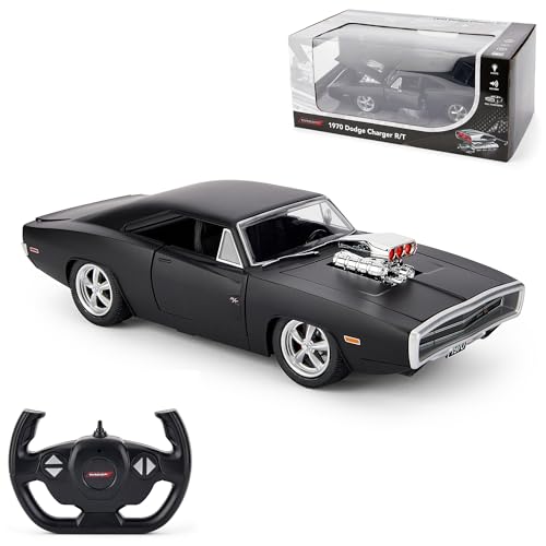 Offiziell lizenzierter RC 1970 Dodge Charger RT, 1:16 Maßstab, Fernsteuerbar mit Soundeffekten, LED-Leuchten, unabhängiger Federung, detailliertem Innenraum – Schwarz von CMJ RC CARS