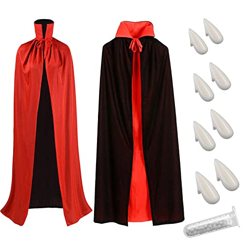 CMJBUHR Vampir Umhang, Cape Vampir Kostüm 140cm, Schwarz Rot Doppelseiten Umhänge für Halloween, Vampirumhänge für Erwachsener & Jugendliche，Vampir-kostüm mit 8pcs Vampirzähne & 1 Flasche Beißring von CMJBUHR