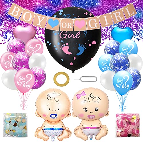 Gender Reveal Party Balloon, 26 Pcs Geschlechtsverkündung Baby Konfetti Shower Dekoration Boy Girl Geschlecht Verkünden Schwangerschaft Luftballon Kids Ballonie Fahnen und Schleife von CMJBUHR