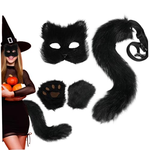 1Set Fox Maske und Schwanz mit Fox Paws Realistische personalisierte plüschflauschige Fuchskostüm für Frauen dekoratives pelziges Katzenkostüm für Cosplay -Party Halloween Masquerade (schwarz) von CNAFGBGG