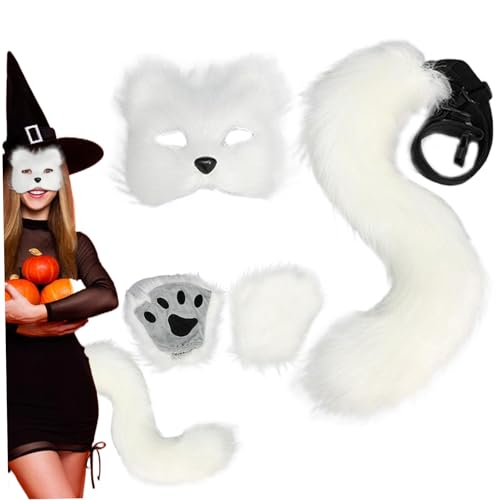 1Set Fox -Maske und Schwanz mit Fuchspfoten Realistische personalisierte plüschflauschige Fuchskostüm für Frauen dekoratives pelziges Katzenkostüm für Cosplay -Party Halloween Masquerade (weiß) von CNAFGBGG