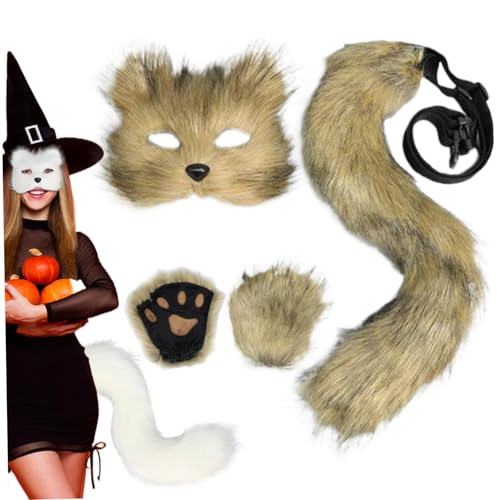 1Set Fox Maske und Schwanz mit Fuchspfoten realistische personalisierte plüschflauschige Fuchskostüm für Frauen dekoratives pelziges Katzenkostüm für Cosplay -Party Halloween Masquerade (Glasbra von CNAFGBGG