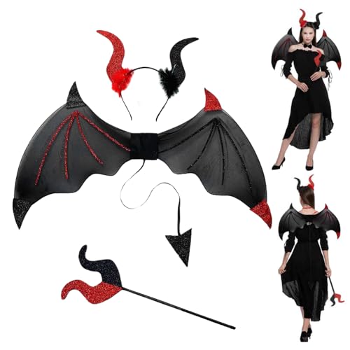 1Set Halloween Fledermaus Kostüm -Set beinhaltet Fledermausflügel, Zauberstab ＆ Stirnband, lustige Halloween -Kostüme für Vampire Witch Dress Up Rollenspiele Propon Cosplay Party, Schwarz und Ro von CNAFGBGG