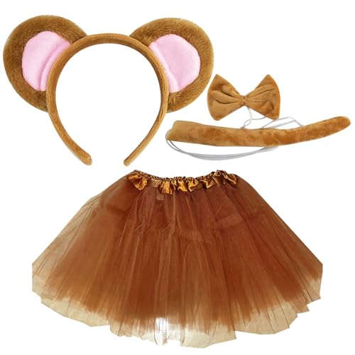 4PCS/Set Monkey Kostüm Affen Fancy Kostüm Einer Größe Halloween Kostüme umfasst Affenohren Stirnband, Bowtie, Long Tail, Prinzessin Kleid Tierkostüm Set für Halloween Cosplay Dress Up Party Kids von CNAFGBGG