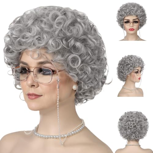 4pcs Oma Kostüm Set Oma Perücke Oma Kostüm Halloween Old Lady Kostüm für Frauen umfasst Lockenmarken Perücke, Perlenhalskette, Brille mit Kette, graue Perücke mit Accessoires Cosplay -Kostüme von CNAFGBGG