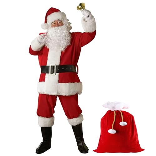 CNAFGBGG 11pcs/Set Santa Claus Kostüm Santa Outfit für Männer Frauen Weihnachtskostüme Zu den Jacke Hose Hut Perücke Bartgläser Handschuhe Glockenstiefel Deckungen Gürtel & Tasche 5XL. von CNAFGBGG