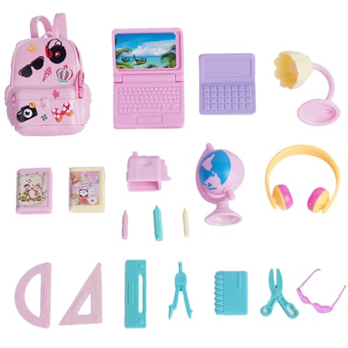 CNAFGBGG 18pcs Mini School Supplies Dollhouse, einschließlich winziger Rucksack, Mini -Laptop, Schreibtischlampe, Briefpapier, Globus, Brille, Kopfhörer Puppenhauszubehör Set von CNAFGBGG