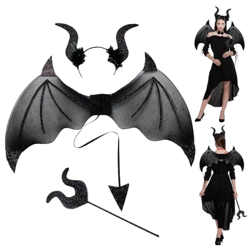 CNAFGBGG 1Set Halloween Fledermaus Kostüm -Set beinhaltet Fledermausflügel, Zauberstab ＆ Stirnband, lustige Halloween -Kostüme für Vampire Witch Dress Up Rollenspiele Propon Cosplay Party, Black von CNAFGBGG