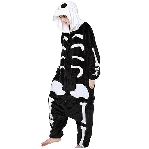 CNAFGBGG 1pc Skelett Kostüm Unisex mit Kapuze -Schädel Skelett Jumpsuit Größe XL Weiche und gemütliche, gruselige Schwarz -Weiß -Cosplay -Halloween -Kostüm für Erwachsene von CNAFGBGG