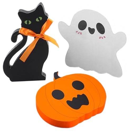 CNAFGBGG 3 PCs/Set Halloween Stufe Tablett Dekor süße Halloween -Dekorationen Holz schwarzer Katzenkürbis Geister Dekor tragbare Halloween -Zimmer -Dekor für Innenräume Dekor Urlaub Geschenk von CNAFGBGG