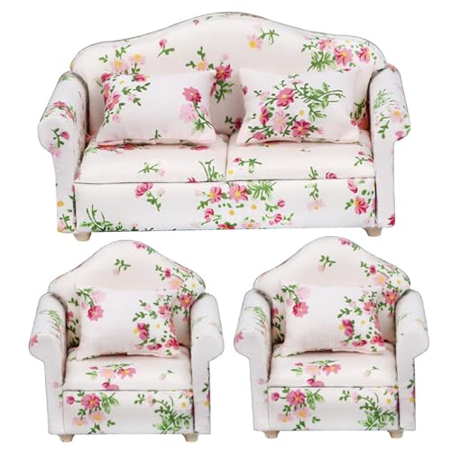 CNAFGBGG 3pcs/Set 1 12 Skala Dollhouse Möbel, Blumenmuster Doppel ＆ Einzelpuppenhaus Couch mit Kissen Sessel Sofa Wohnzimmer Dollhouse Möbel Holzpuppenhauszubehör. von CNAFGBGG