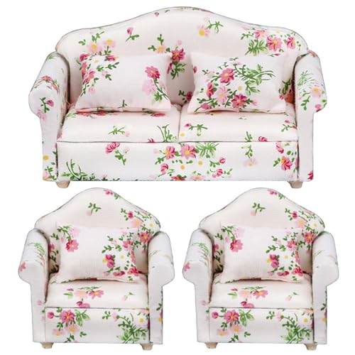 CNAFGBGG 3pcs/Set 1 12 Skala Dollhouse Möbel, Blumenmuster Doppel ＆ Einzelpuppenhaus Couch mit Kissen Sessel Sofa Wohnzimmer Dollhouse Möbel Holzpuppenhauszubehör. von CNAFGBGG