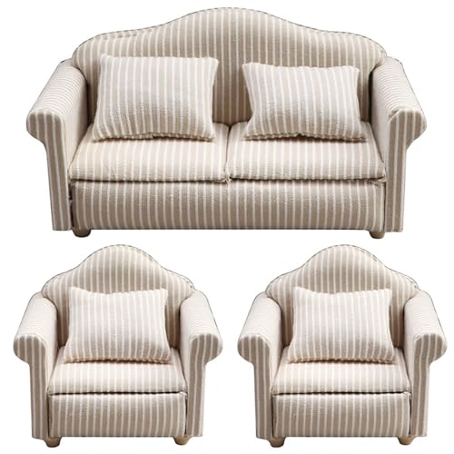 CNAFGBGG 3pcs/Set 1 12 Skala Dollhouse Möbel, gestreiftes Doppel -DOUBS -Couch mit Kissen Sessel Sofa Wohnzimmer Dollhouse Möbel Holzpuppenhauszubehör. von CNAFGBGG