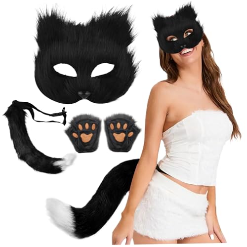 CNAFGBGG 3pcs/Set Therian Getriebe, Therian Maske und Schwanz, Handschuhe Set halb Gesichtsfuchsmaske mit verstellbarem Schnallen pelziger Schwanz für Halloween -Cosplay -Fuchsmaske ... von CNAFGBGG