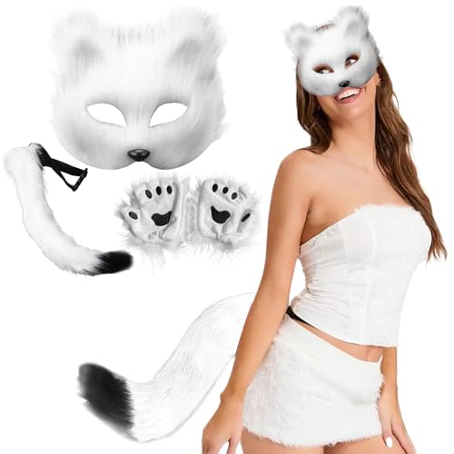 CNAFGBGG 3pcs/Set Therian Getriebe, Therian Maske und Schwanz, Handschuhe setzen halb Gesichtsfuchsmaske mit verstellbarem Schnallen pelziger Schwanz für Halloween -Cosplay -Fuchsmaske. von CNAFGBGG