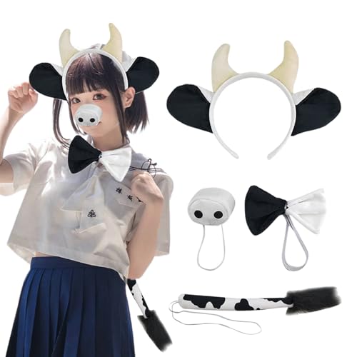 CNAFGBGG 4PCS/Set Cow Costum One Size Halloween Kostüme Tierkostüm Beinhaltet Kuhohren Stirnband, Bowtie, Langer Schwanz, Kuhnasen -Tierkostüm Set für Halloween Cosplay Dress -up Party von CNAFGBGG