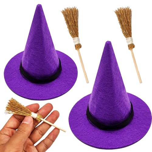 CNAFGBGG 4pcs/Set Hexenhut und Hexenbesen, Filztuch Mini Hexenhüte, DIY Halloween -Handwerksvorräte für Halloween, Weihnachten, Puppenhausdekorationen, lila. von CNAFGBGG