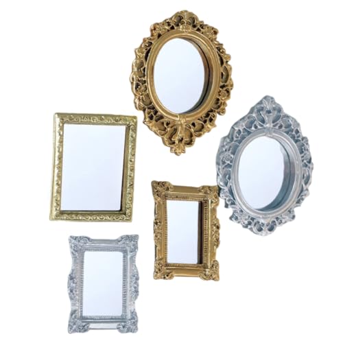 CNAFGBGG 5pcs Miniature Dollhouse Mirror European Frame Mirror Dollhouse Victorian Barock Wandspiegel Miniatur Schlafzimmer Mini Möbelzubehör für 1/12 Dollhouse Decor, Gold und Silber (Elegante St. von CNAFGBGG