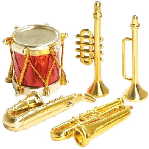 CNAFGBGG 5pcs Miniaturinstrumente süße lebensechte winzige Miniatur -Musikinstrumente Saxophon Trompete Drum Set Miniatur -Puppenhauszubehör für Dollhouse Mini Music Room. von CNAFGBGG