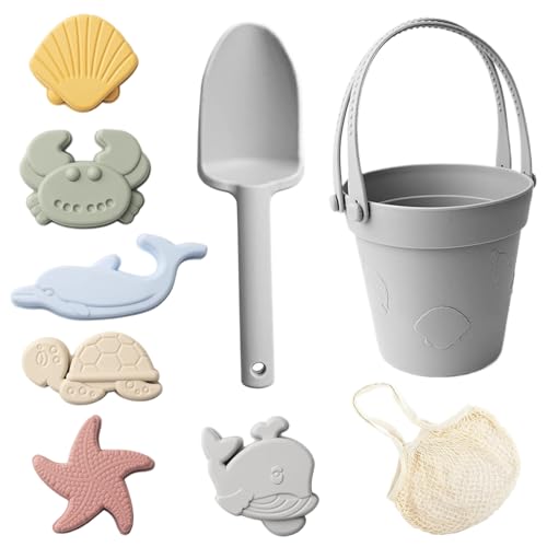 CNAFGBGG 8pcs/festgelegte Sandspielzeug für Kinder, sicheres Silikonstrandspielzeug mit Schaufel, Eimer und Sandformen, wasserdichte Sandkastenspielzeug für Reisen im Sommer im Freien, grau. von CNAFGBGG