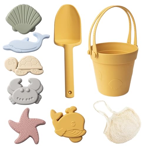 CNAFGBGG 8pcs/festgelegte Sandspielzeug für Kinder, sicheres Silikonstrandspielzeug mit Schaufel, Eimer und Sandformen, wasserdichte Sandkastenspielzeug für Reisen im Sommer im Freien gelb. von CNAFGBGG