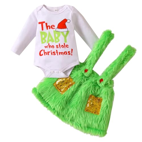 CNAFGBGG Baby Weihnachts-Outfit für Jungen Mädchen 2pcs/Set süße Babykleidung Lang Ärmel Strampler Bodysuit und grüne pelzige Hosenteilhosen Baby Erst Weihnachtskleidung für Baby B von CNAFGBGG