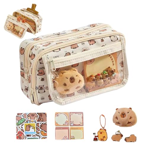 CNAFGBGG Capybara Pencil Case 9-Layer Großkapazität breites Eröffnung niedlicher Bleistiftkoffer mit 20 Aufklebern, 1 Memo-Pad, 1 Schlüsselbund, 1 Plüsch- und 2 Broschen Capybara-Schulmaterial ... von CNAFGBGG