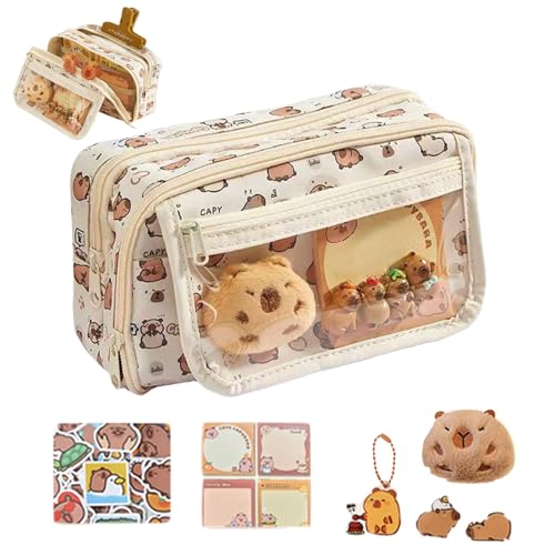 CNAFGBGG Capybara Pencil Case 9-Layer Großkapazität breites Eröffnung niedlicher Bleistiftkoffer mit 20 Aufklebern, 1 Memo-Pad, 1 Schlüsselbund, 1 Plüsch & 2 Broschen Capybara-Schulmaterial. von CNAFGBGG