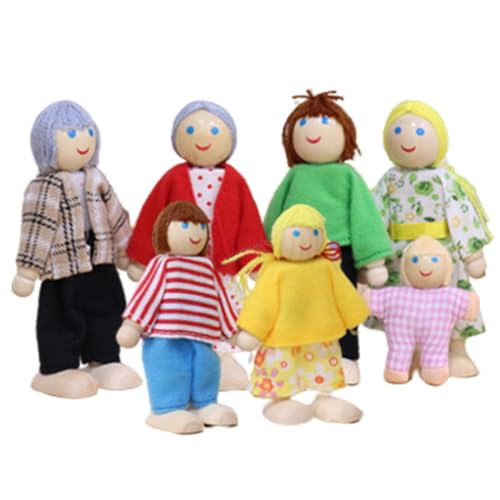 CNAFGBGG Dollhouse People 7pcs Dress-up Family Dollhouse Puppen süße kleine Holzpuppenpuppen-Figuren umfassen Opa, Oma, Mama, Papa, Junge und Mädchen Stil 1 ... von CNAFGBGG