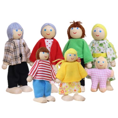 CNAFGBGG Dollhouse People 7pcs Dress-up Family Dollhouse Puppen süße kleine Holzpuppenpuppen-Figuren umfassen Opa, Oma, Mama, Papa, Junge und Mädchen Stil 1 .. von CNAFGBGG