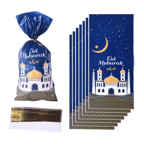 CNAFGBGG Eid Mubarak Party Treat Bag Eid Geschenktasche Ramadan süße Taschen mit Twist Krawatte für Eid Party 100pcs Blau von CNAFGBGG