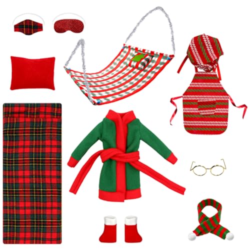 CNAFGBGG Elf Accessoires süßes Mini -Weihnachts -Elf -Kit mit Schlafsack, Bademantel, Brille, Schal, Hängematte Elf Puppenzubehör für Puppendekorationen von CNAFGBGG