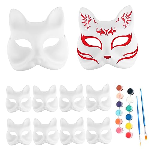 CNAFGBGG Fox Mask 10pcs DIY Cat Mask Cosplay Blank Halloween Gesichtsmaske mit 12 Farbenpigmenten und 2 Bürsten handbemalte weiße Papiermasken für Halloween-Party-Cosplay. von CNAFGBGG